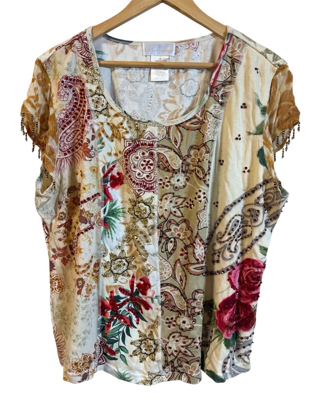 Soft Surroundings 2X  Patchwork Tee with Beaded Fringe Sleeves Sequin Accents